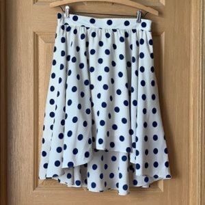 Francesca’s High Low Flowy Polka Dot Skirt, blue & white, size Medium